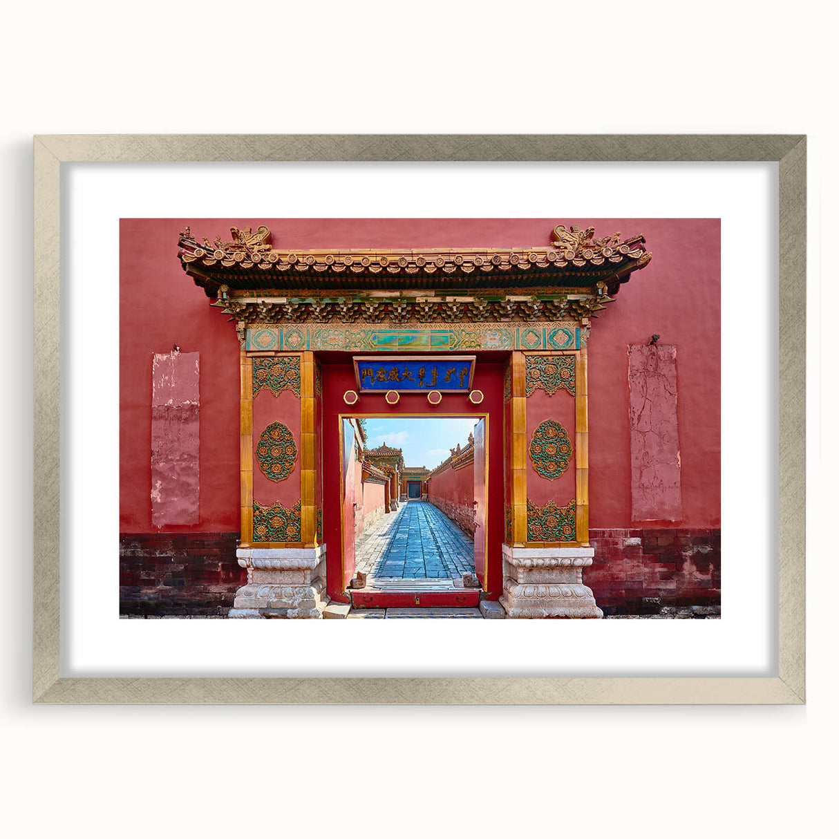Textured art depicting an abstract cityscape of Beijing in muted gray and blue tones, presented in a silver frame with mat.