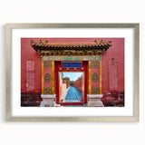 Textured art depicting an abstract cityscape of Beijing in muted gray and blue tones, presented in a silver frame with mat.