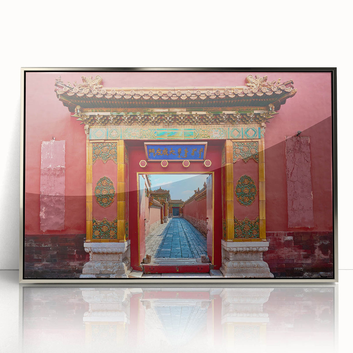 Mid-century modernist art of Beijing skyline in muted gray and silver on a framed acrylic, ideal for modern art wall decor.