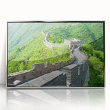 Mid-century modernist art of the Great Wall of China in muted earth tones on a framed acrylic print.