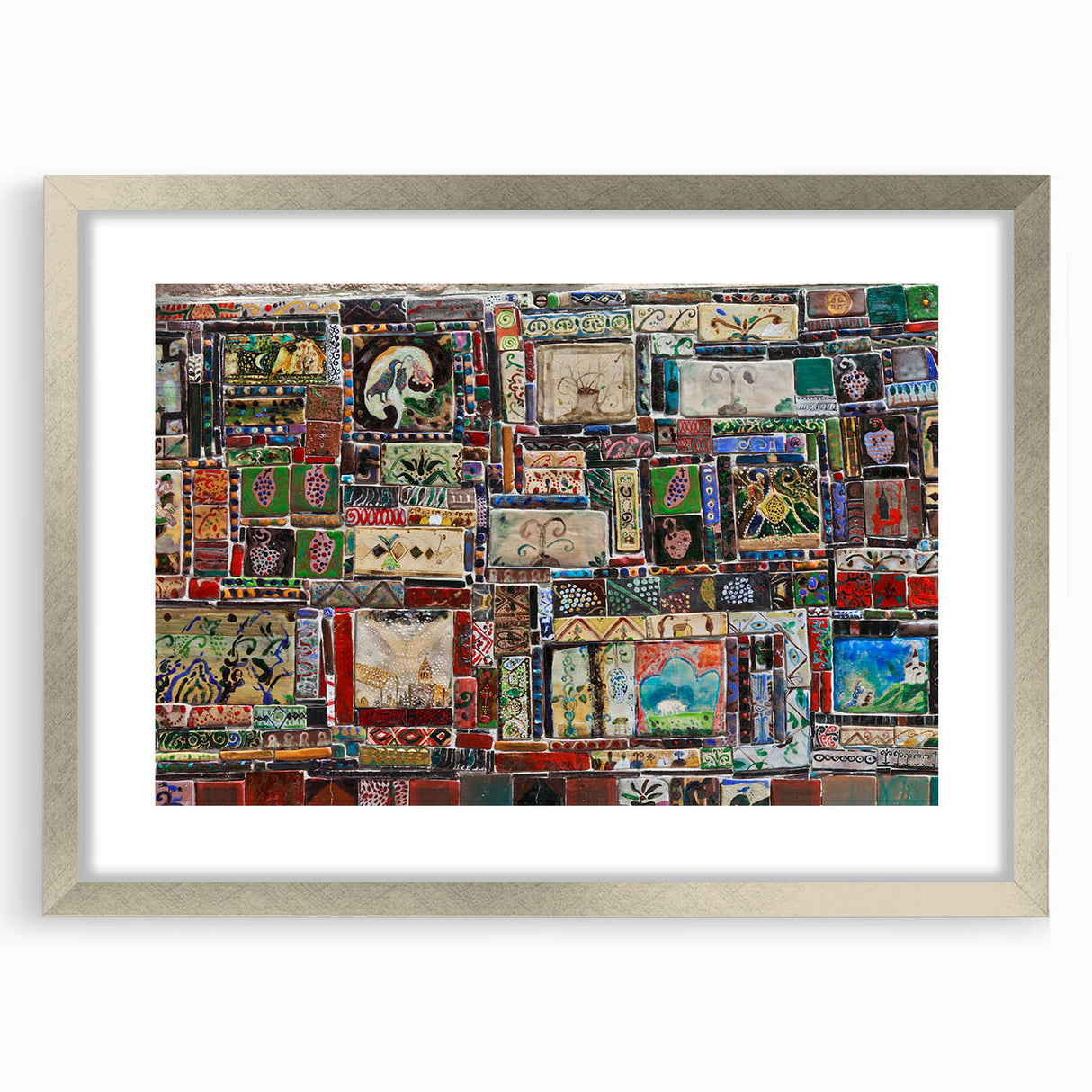 Textured abstract art print of a Georgian landscape in muted earth tones on a framed silver mat, ideal for bedroom art.