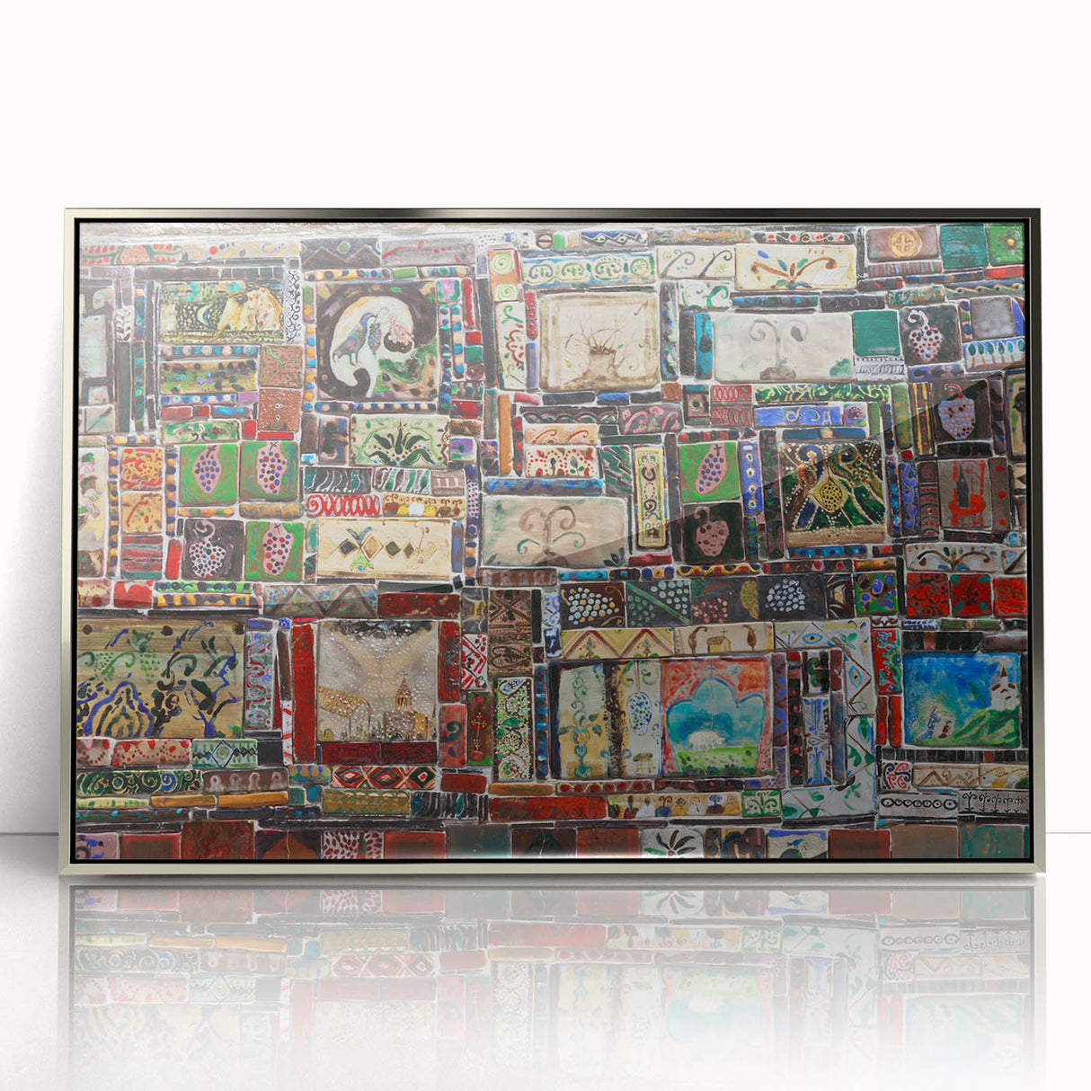 Mid-century modernist art depicting an abstract Asian landscape in muted earth tones, framed acrylic print.