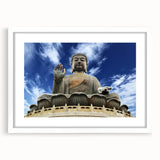 Abstract art print of Hong Kong skyline in muted gray and blue tones on a framed white mat, ideal for dining room art.