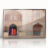 Mid-century modernist art depicting an Indian landscape in muted earth tones on a framed acrylic print.