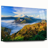 Acrylic print of an Indonesian landscape in muted earth tones, ideal for dining room decor.