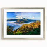 Textured abstract art print of Indonesian scenery in muted earth tones, framed with a silver mat, suitable for bedroom decor.