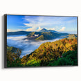 Black and white framed canvas featuring a vintage-style Indonesian landscape, ideal for bedroom wall decor.