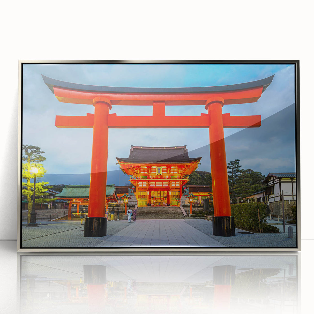 Mid-century modernist art depicting Kyoto scenery in muted earth tones on a silver-framed acrylic print.