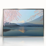 Mid-century modernist art of Mount Fuji in muted blues and grays on a framed acrylic, ideal for nursery wall art.