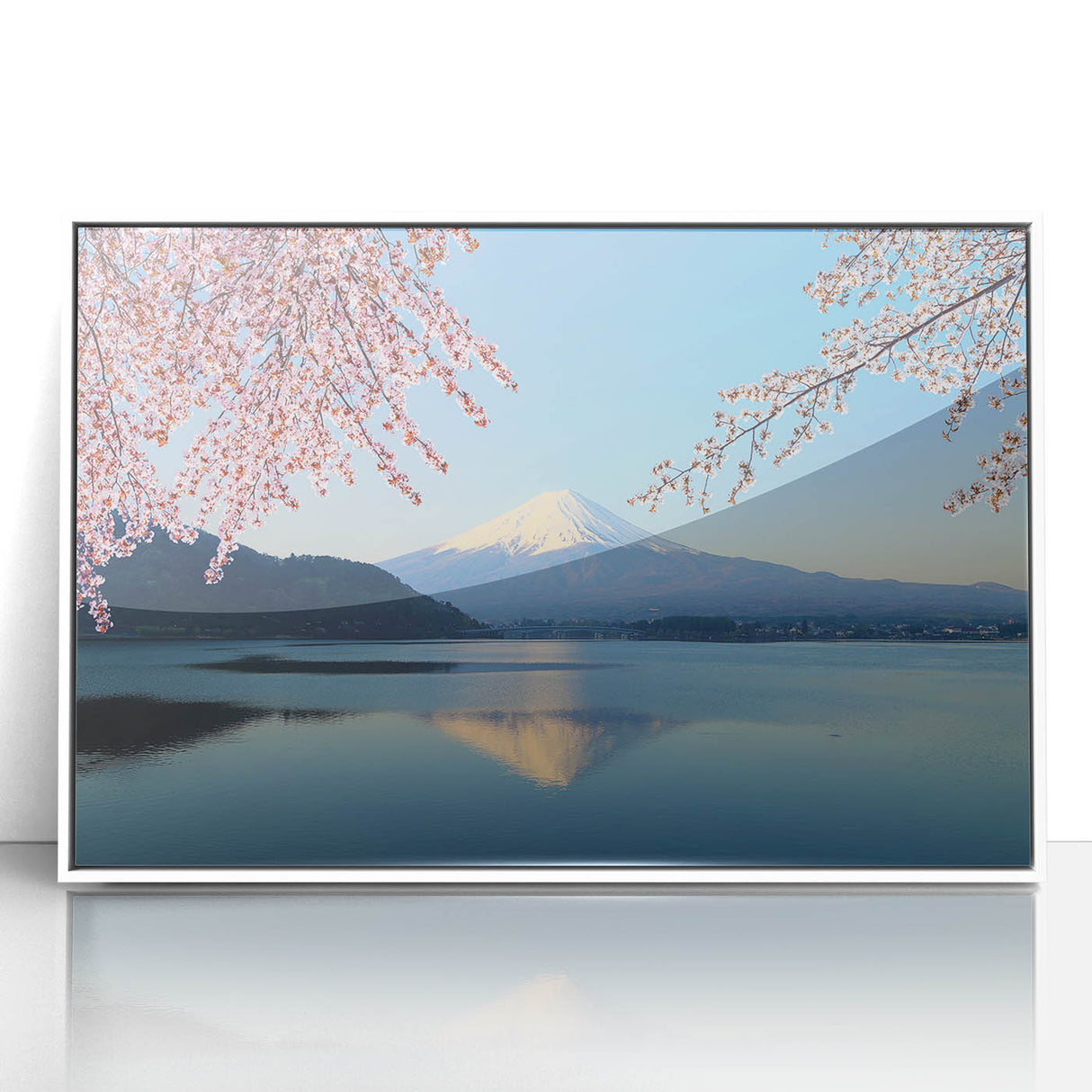 Modern art wall decor featuring a framed acrylic print of Mount Fuji in pastel shades, ideal for nursery wall art.