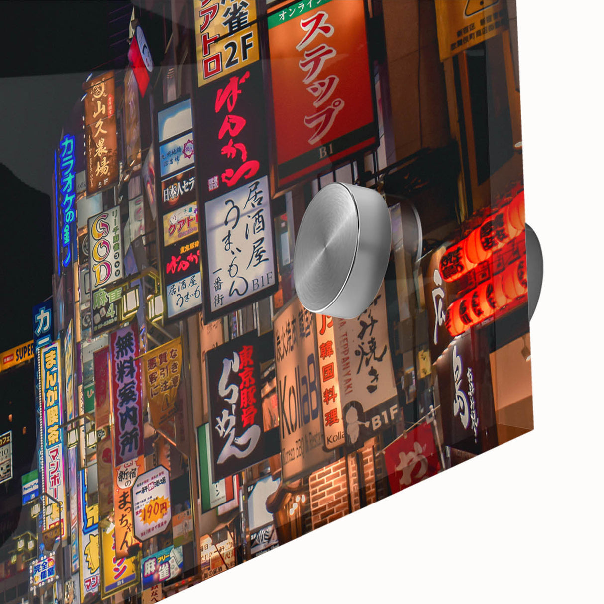 Large abstract depiction of Tokyo skyline in muted gray and blue tones on acrylic glass, suitable for dining room art.