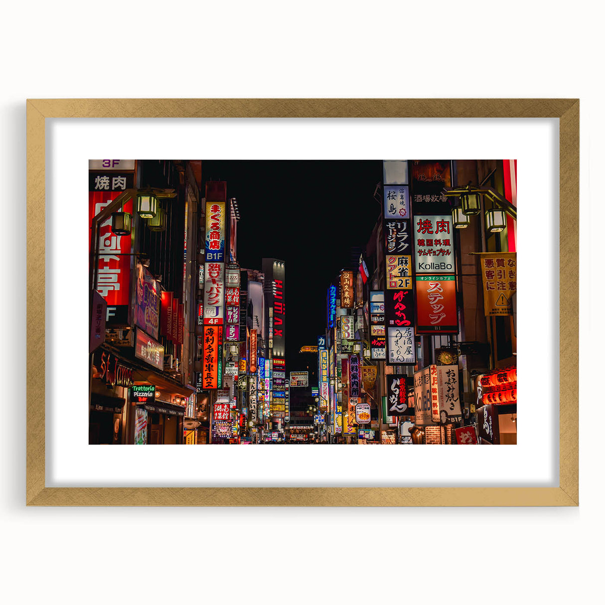 Extra large framed wall art of an abstract Tokyo cityscape in textured gold and black tones, ideal for living room decor.