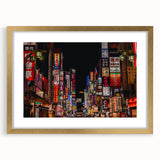 Extra large framed wall art of an abstract Tokyo cityscape in textured gold and black tones, ideal for living room decor.