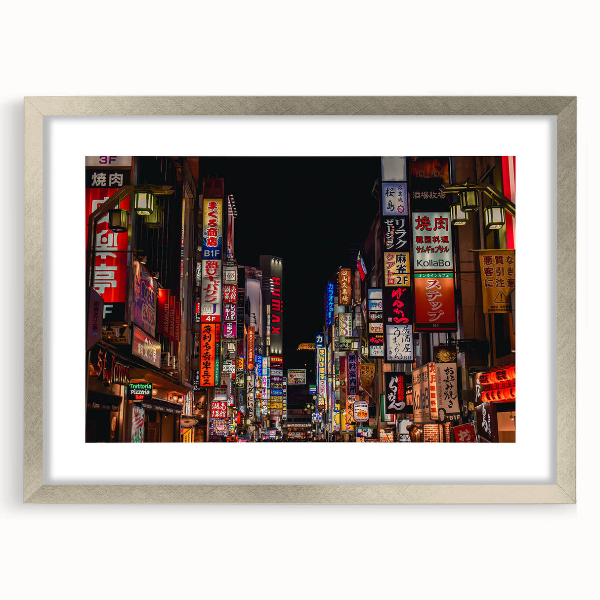 Textured art print of Tokyo skyline in abstract style with muted grays and blues, framed with a silver mat.