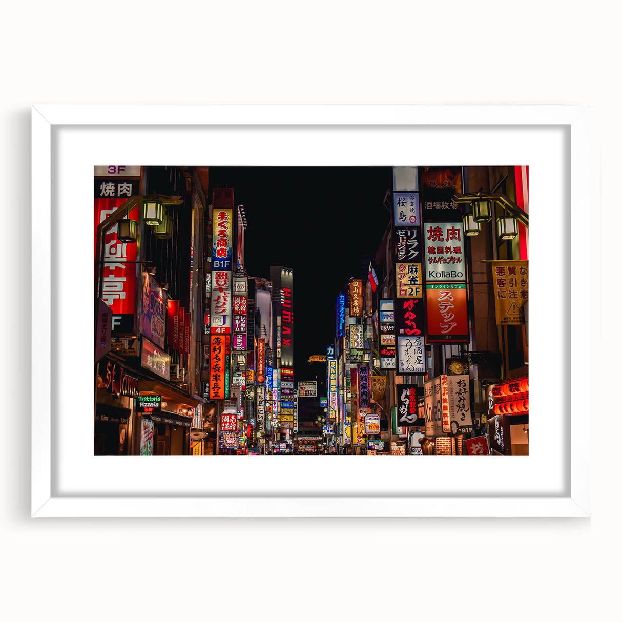 Abstract art print of Tokyo skyline in muted gray and blue tones on a framed white mat.