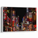 Vintage poster art of Tokyo skyline in vibrant colors on a large framed canvas, ideal for living room decor.