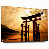 Large abstract wall art depicting an Asian landscape in muted earth tones on acrylic glass.