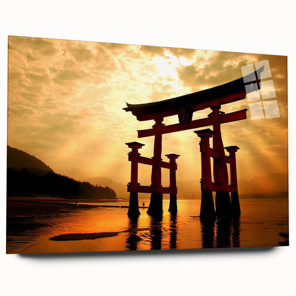 Large abstract wall art depicting a serene Japanese landscape in muted greens and blues on acrylic glass.