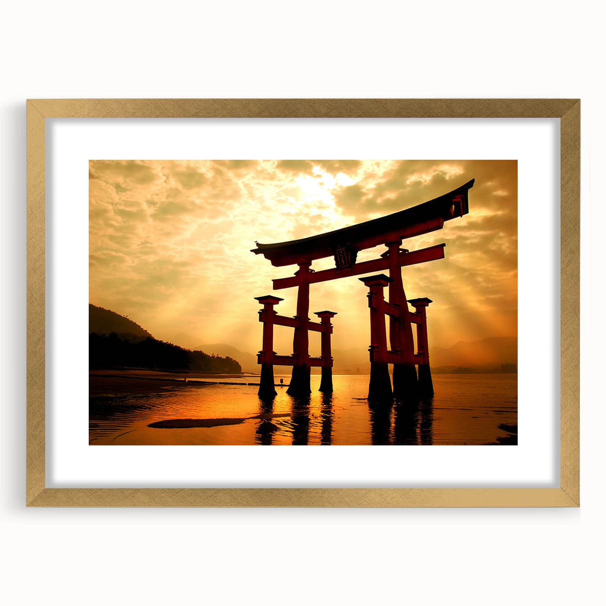 Extra large abstract art print depicting a textured Japanese landscape in muted earth tones, framed in gold.