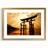 Extra large abstract art print depicting a textured Japanese landscape in muted earth tones, framed in gold.