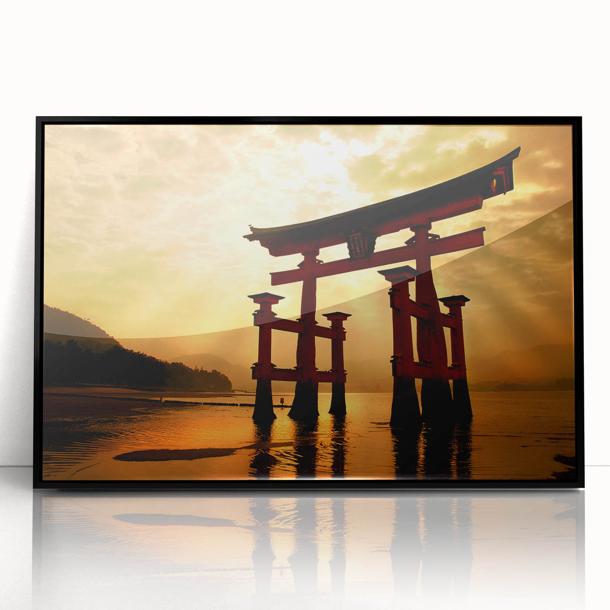 Large abstract wall art depicting a stylized Japanese landscape in muted earth tones on a framed acrylic panel.