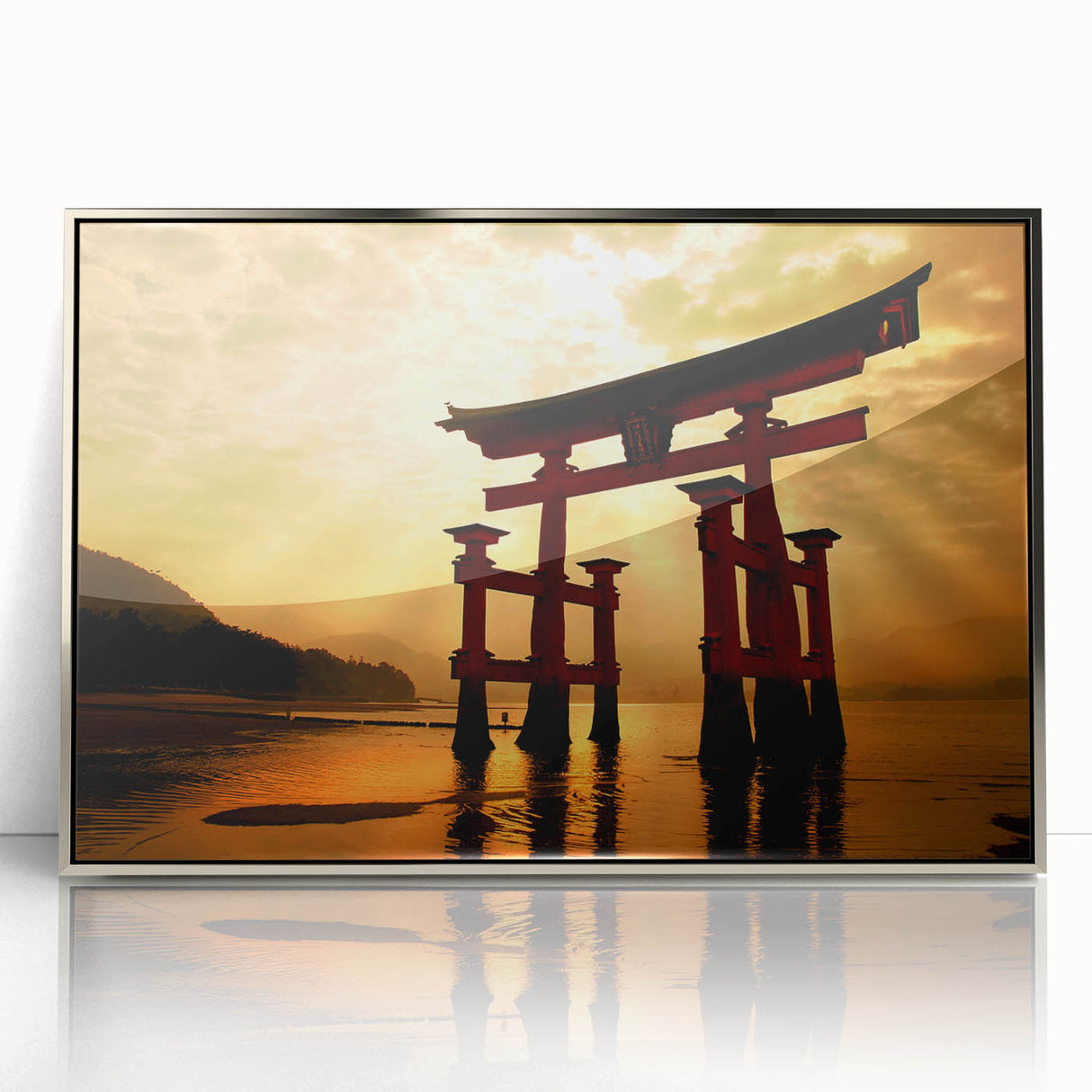 Mid-century modernist art of a serene Japanese landscape on silver-framed acrylic, with soft pastel colors.