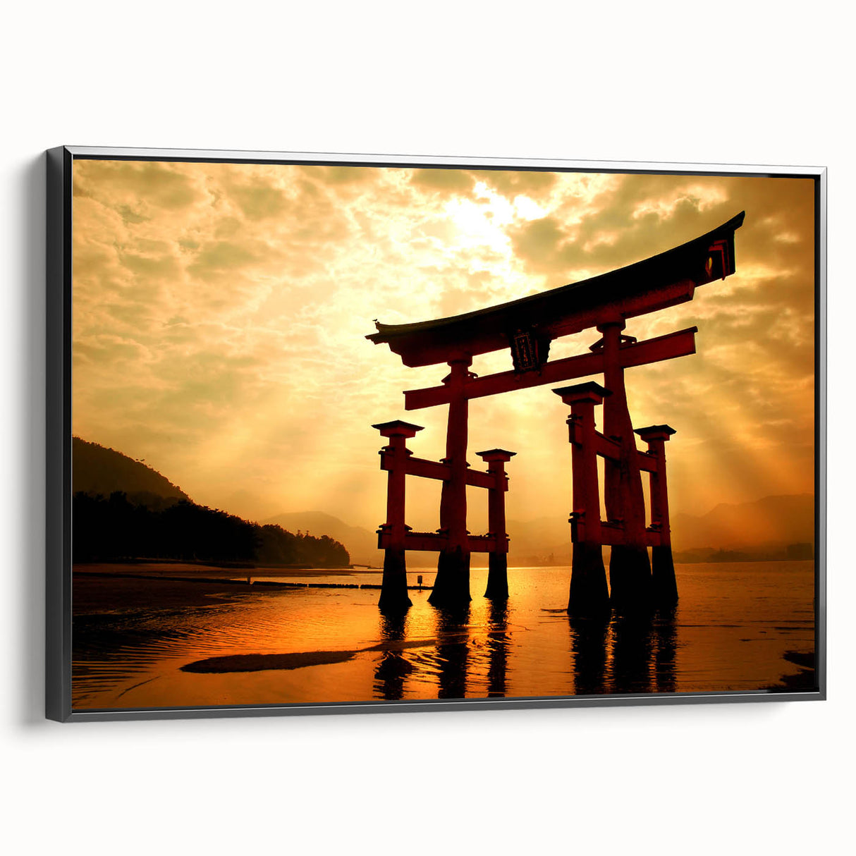 Black and white framed canvas depicting a vintage Japanese landscape, ideal for bedroom wall decor.
