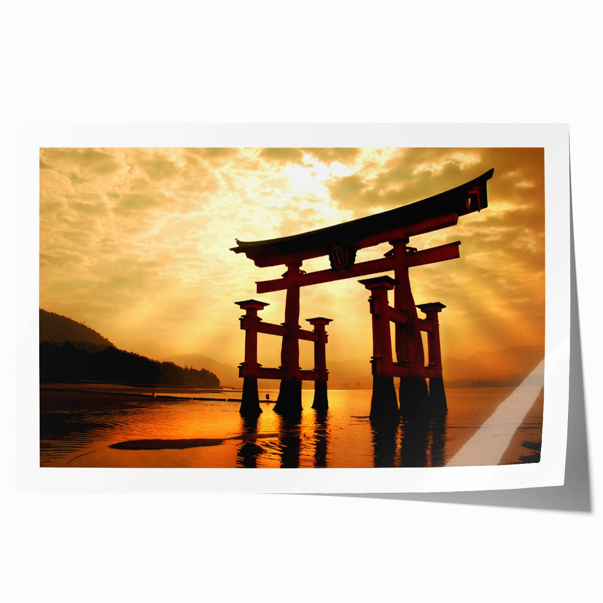 Extra large rolled print of a Japanese scenery with floral elements in pastel shades, ideal for dining room wall art.