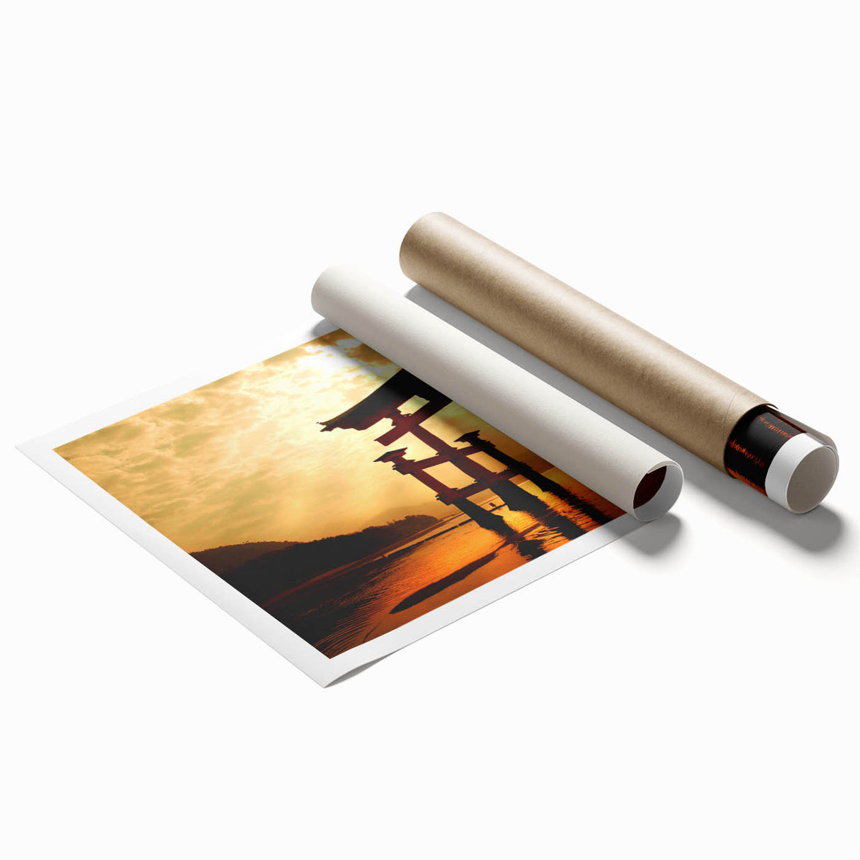 Extra large rolled print of a serene Japanese landscape with cherry blossoms in soft pink and white tones.