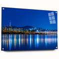 Acrylic print of Seoul skyline in muted gray and blue tones, ideal for modern bedroom or dining room decor.