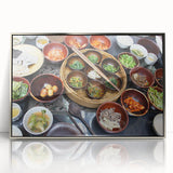 Mid-century modernist art depicting a serene Korean landscape in muted earth tones on a framed acrylic panel.