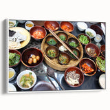 Framed canvas of vintage poster art featuring a colorful Korean landscape, ideal for living room decor.
