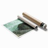 Extra large rolled print featuring a serene Laos landscape with lush floral elements in soft green and blue tones.