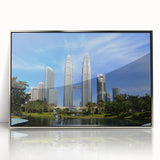 Mid-century modernist art depicting a serene Malaysian landscape in muted earth tones on a framed acrylic print.