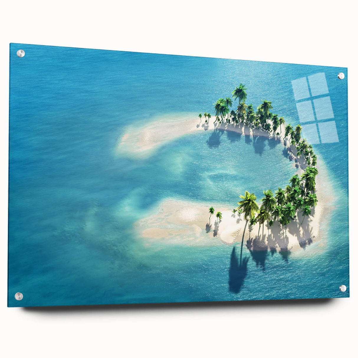 Acrylic print of a serene Maldives seascape in muted blues and greens, ideal for bedroom or dining room decor.