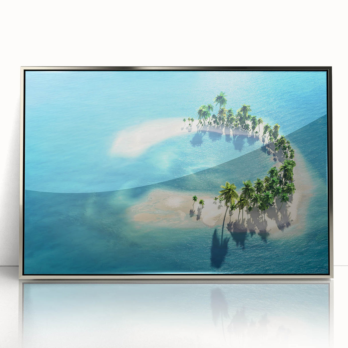 Mid-century modernist art depicting the Maldives with muted blue and silver tones on a framed acrylic.