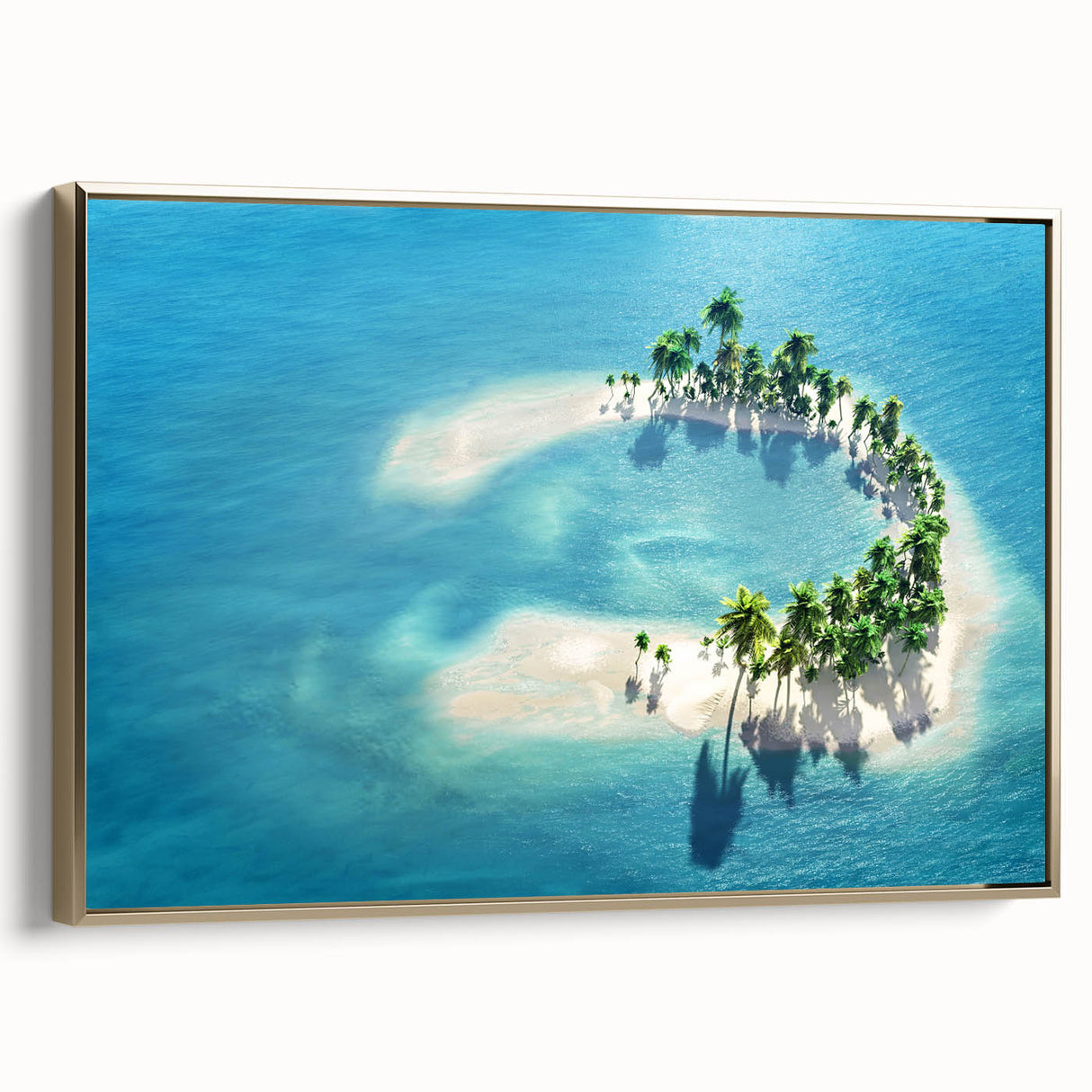Framed canvas depicting a serene Maldivian landscape with blue waters and palm trees, ideal for bedroom wall art.