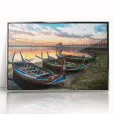 Mid-century modernist art depicting a serene Myanmar landscape in muted earth tones, framed in acrylic.