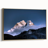 Framed canvas of vintage-style landscape painting depicting the Everest scenery in muted gold and black tones.