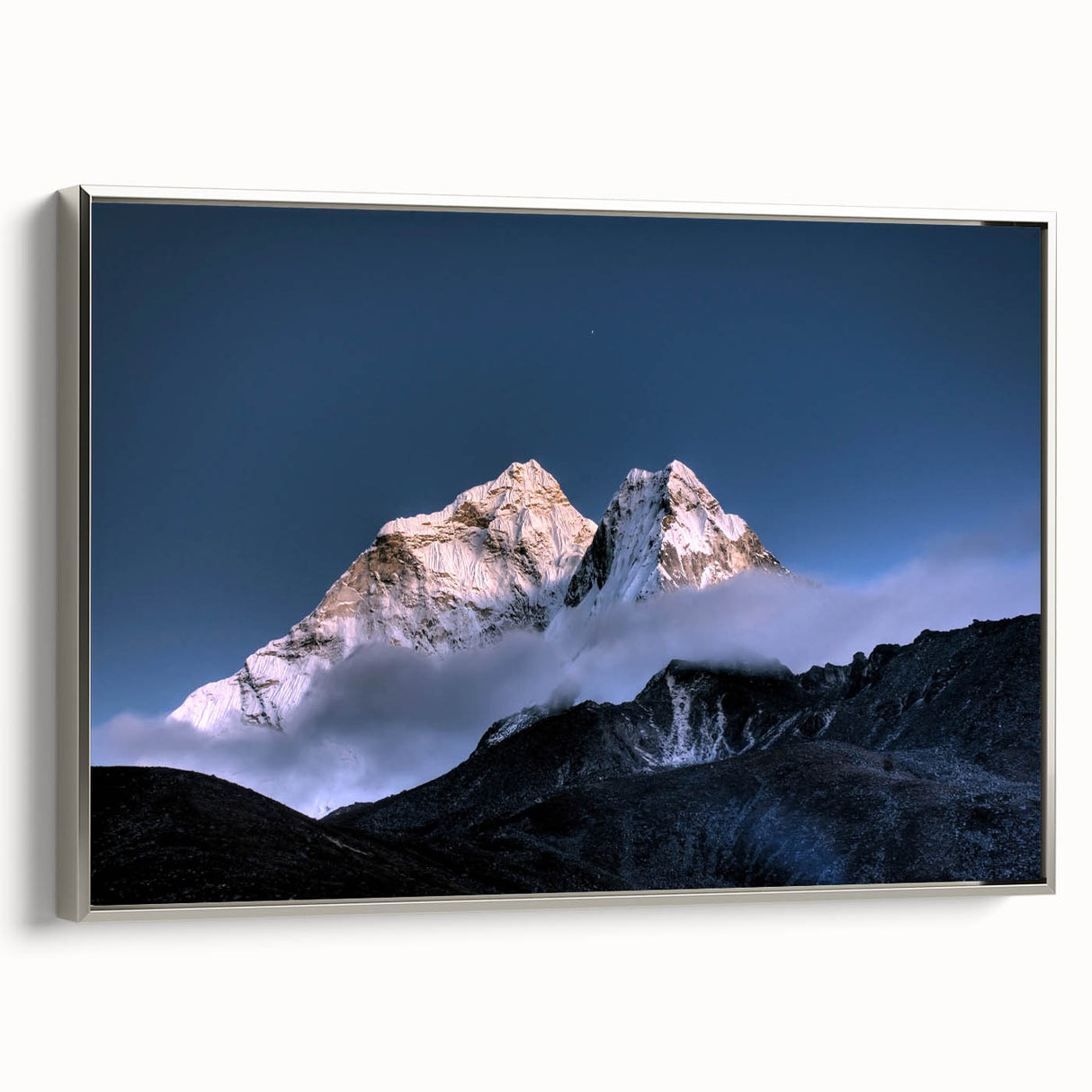 Framed canvas landscape art painting depicting Mount Everest in vibrant colors, ideal for enhancing a study or office decor.