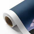 Art deco poster of Mount Everest in muted blues and grays, rolled canvas, ideal for nursery wall art.