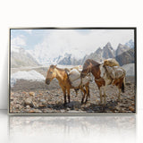 Mid-century modernist art depicting a serene Pakistani landscape in muted earth tones, framed acrylic.