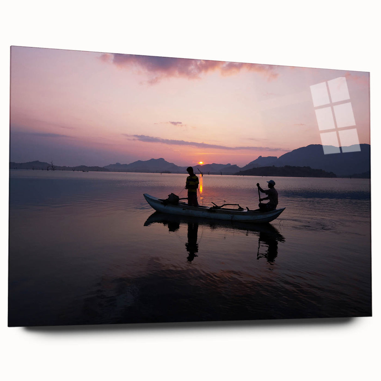 Large abstract art print of a Sri Lankan scenery in vibrant greens and blues on acrylic glass.