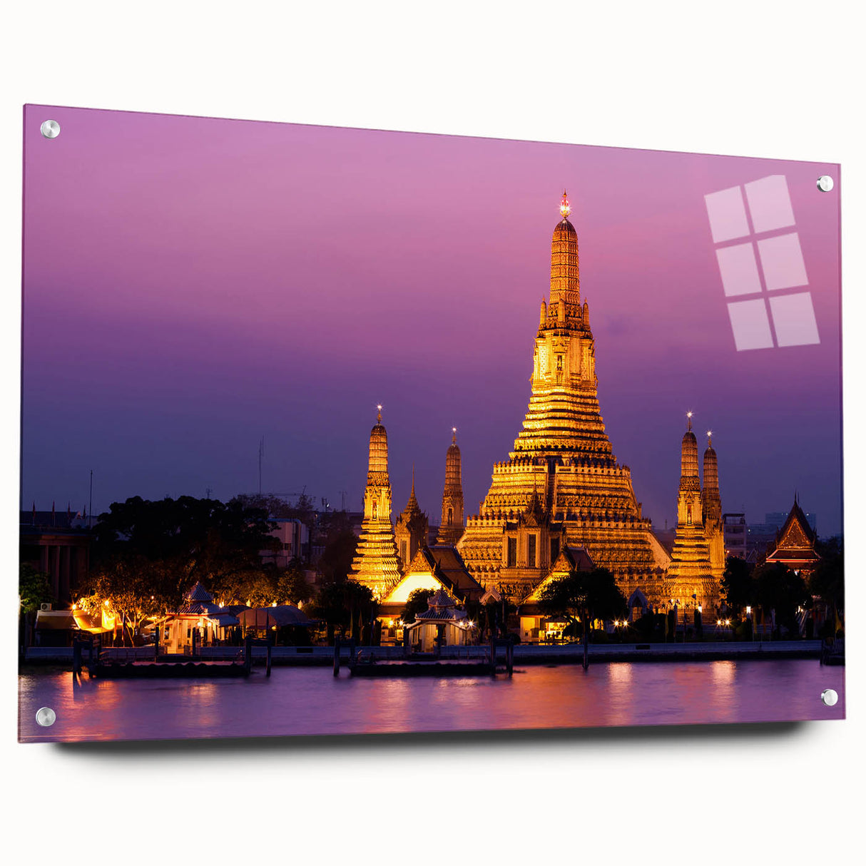 Acrylic print of a Bangkok cityscape in muted gray and blue tones, suitable for bedroom or dining room decor.