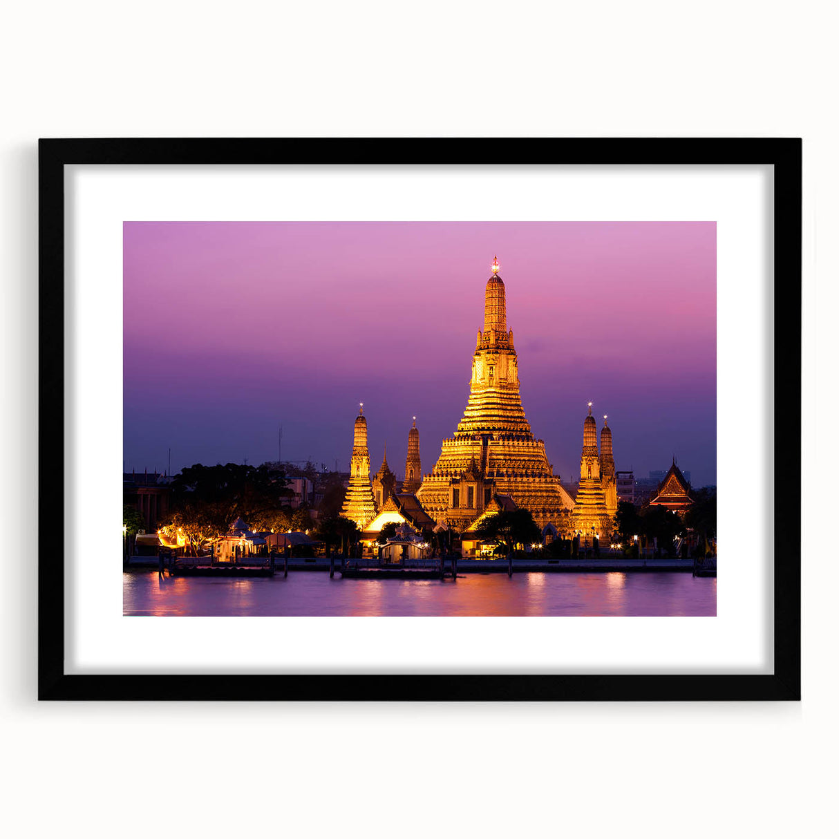Colorful abstract art print of Bangkok skyline in vibrant hues on a large framed canvas, suitable for living room decor.