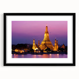 Colorful abstract art print of Bangkok skyline in vibrant hues on a large framed canvas, suitable for living room decor.
