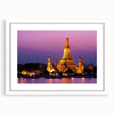 Abstract art print of Bangkok skyline in muted blue and gray tones, framed with a white mat, suitable for dining room decor.