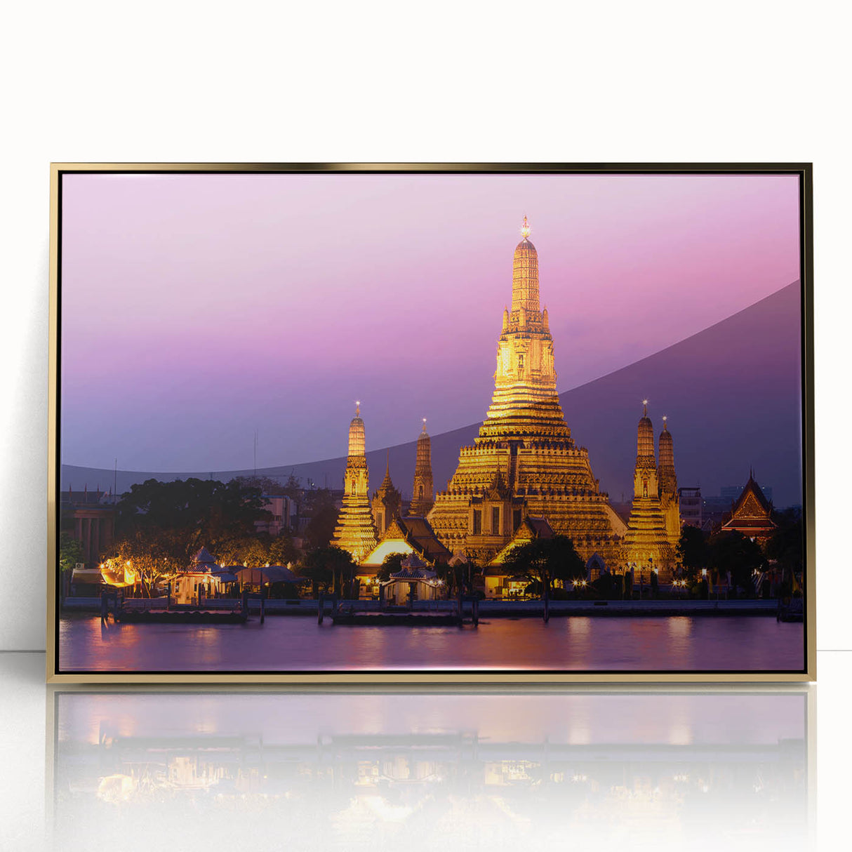Framed acrylic print of Bangkok skyline in gold and black tones, ideal for modern art wall decor.