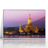 Acrylic print of Bangkok skyline in muted gray and white tones, framed, suitable for modern art wall decor in a home office.