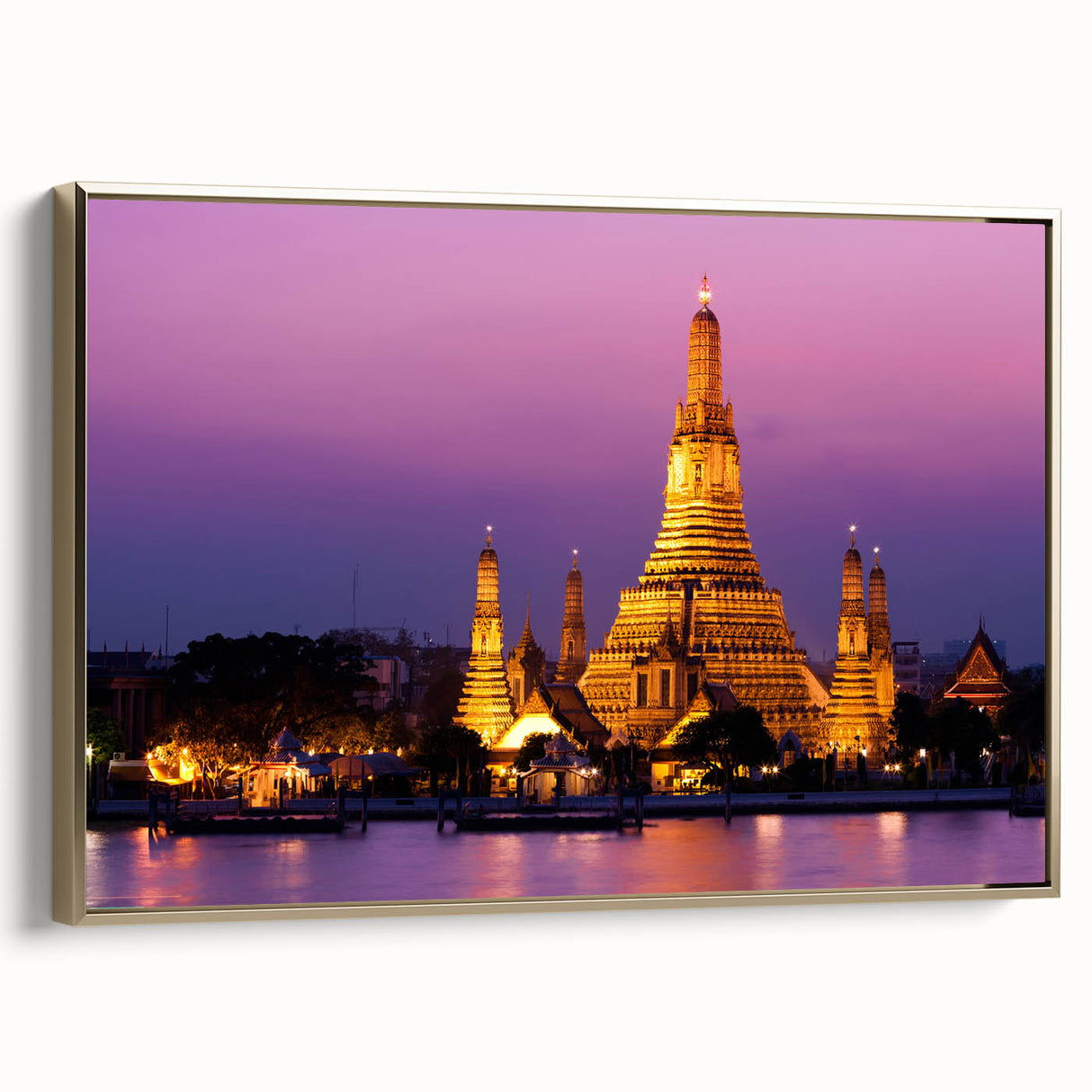 Framed canvas wall art featuring a vintage-style Bangkok landscape in black and gold tones, ideal for bedroom decor.